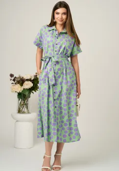 Rochie midi verde cu buline lila din viscoza in clini cu nasturi si cordon in talie imagine