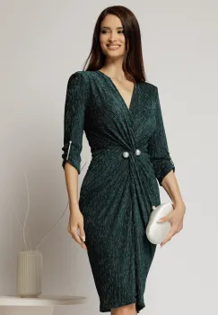 Rochie midi verde de ocazie cu fir lurex si perla in talie imagine