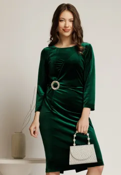 Rochie midi verde de ocazie din catifea cu accesoriu talie imagine