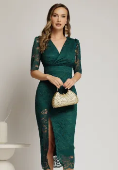 Rochie midi verde de ocazie din dantela conica si decolteu petrecut imagine