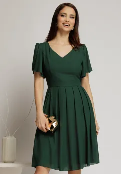 Rochie midi verde de ocazie din voal cu decolteu in V si pliuri pe fusta imagine