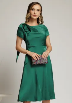 Rochie midi verde din satin cu funda pe umar si fusta clos imagine