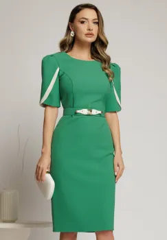 Rochie midi verde din stofa cu croi conic si detalii ivory la maneci imagine