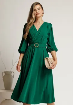 Rochie midi verde din triplu voal cu pliuri la bust si curea in talie imagine