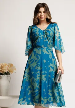 Rochie midi verde din voal cu imprimeu turcoaz si maneci vaporoase- Viada imagine