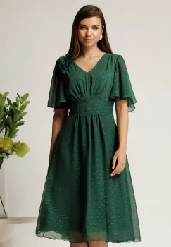 Rochie midi verde din voal cu picatele si insertii din fir lurex imagine
