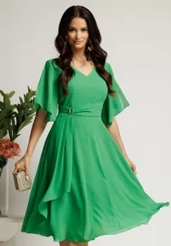 Rochie midi verde din voal in clos cu glitter si accesoriu in talie- Viada imagine
