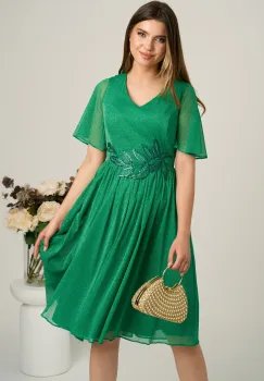 Rochie midi verde din voal in clos cu glitter si broderie in talie imagine