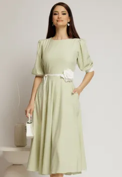 Rochie midi verde fistic cu buline si cordon detasabil in talie imagine