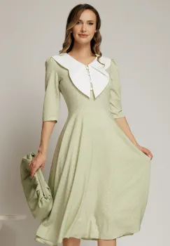 Rochie midi verde fistic cu buline si guler amplu croi clos imagine