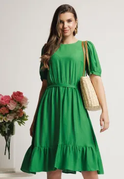 Rochie midi verde in clos din viscoza cu volan la baza- Moze imagine