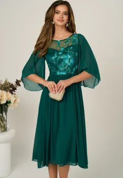Rochie midi verde in clos din voal cu dantela florala la bust imagine
