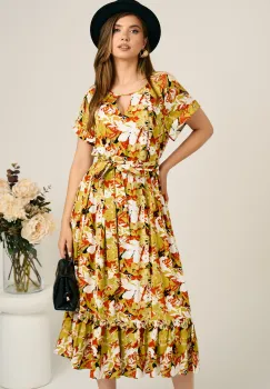 Rochie midi verde lime din viscoza in clos cu imprimeu maro si cordon in talie imagine