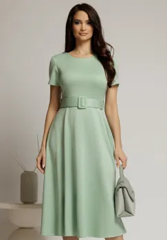 Rochie midi verde mint cu maneca scurta si curea in talie cu adaos de viscoza imagine