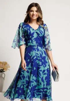 Rochie midi verde mint din voal cu imprimeu albastru si maneci vaporoase- Viada imagine