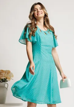 Rochie midi verde mint din voal in clin cu buline si decupaje la decolteu imagine