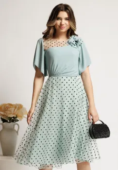 Rochie midi verde mint din voal in clos cu buline catifelate si floare pe bust- Viada imagine