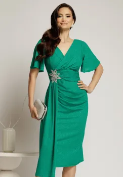 Rochie midi verde mulata cu decolteu petrecut si accesoriu in talie imagine