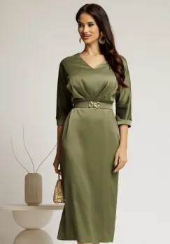 Rochie midi verde satinata cu decolteu in V imagine