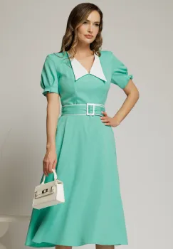 Rochie midi verde turcoaz cu guler alb in contrast si cordon cu insertii imagine