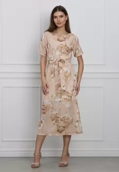 Rochie Morena bej cu imprimeuri florale si cordon in talie imagine