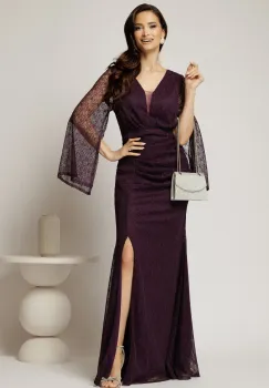 Rochie mov lunga de seara din dantela cu insertii de sclipici imagine