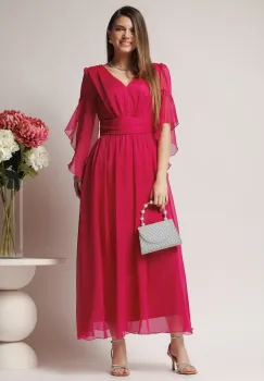 Rochie Moze de ocazie din voal fucsia cu decolteu imagine