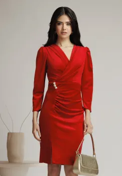 Rochie Moze eleganta din catifea rosie cu perle in talie imagine