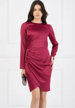 Rochie Moze eleganta din satin magenta cu fronseu si accesoriu pe fusta imagine