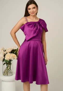 Rochie Moze eleganta din satin mov cu funda la bust si bretea cu perle imagine