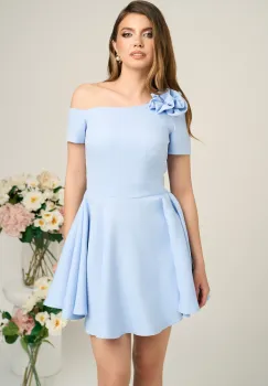 Rochie Moze eleganta din stofa bleu cu floare pe bust si umar gol imagine