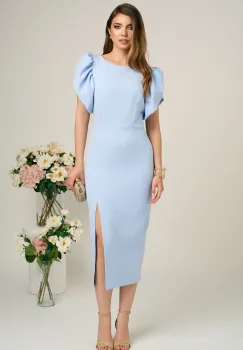 Rochie Moze eleganta din stofa bleu cu maneci bufante imagine
