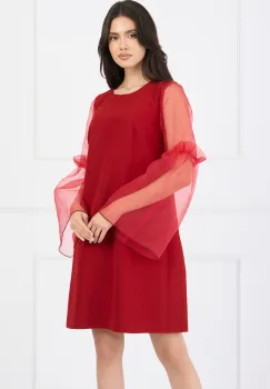 Rochie Moze eleganta din stofa rosie cu maneci clopot din organza imagine