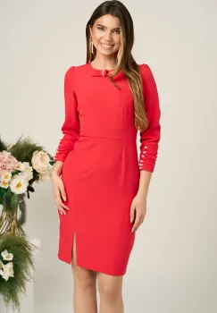 Rochie Moze eleganta din stofa rosu zmeura cu perle la maneci imagine