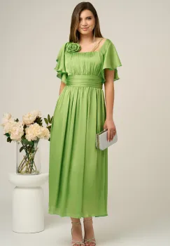 Rochie Moze lunga eleganta din voal verde cu floare la bust imagine