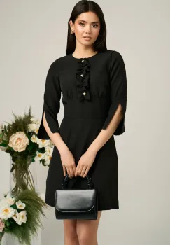 Rochie Moze neagra scurta cu volanase si perle pe bust imagine