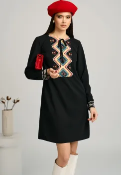 Rochie Moze office din crep neagra cu imprimeu pe bust imagine