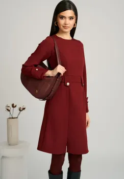 Rochie Moze office din stofa bordo cu nasturi in talie imagine