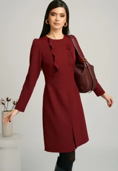 Rochie Moze office din stofa bordo cu volane pe bust imagine