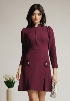 Rochie Moze office din stofa mov pruna cu nasturi pe fusta imagine