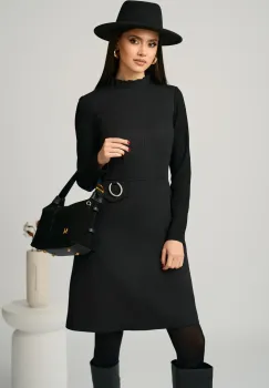 Rochie Moze office din stofa neagra cu maneci din tricot si catarama in talie imagine