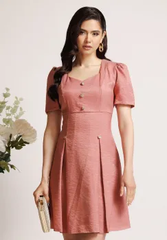 Rochie Moze scurta din brocard roz cu nasturi decorativi imagine