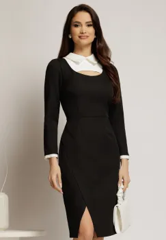 Rochie neagra conica cu guler si mansete albe imagine