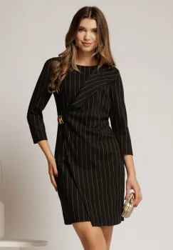 Rochie neagra scurta cu croi petrecut si dungi bej imagine