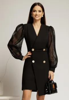 Rochie neagra scurta tip sacou cu maneci din dantela imagine