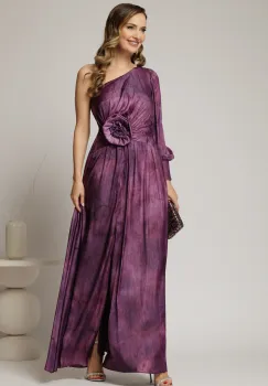 Rochie Noa lunga de ocazie mov din satin cu floare maxi pe talie imagine