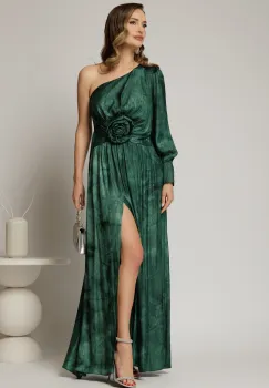 Rochie Noa lunga de ocazie verde din satin cu floare maxi pe talie imagine