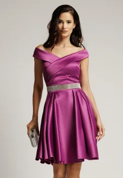 Rochie Nova scurta magenta din tafta in clos cu strasuri in talie imagine