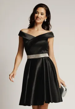 Rochie Nova scurta neagra din tafta in clos cu strasuri in talie imagine