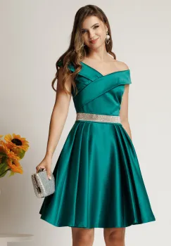 Rochie Nova scurta turcoaz din tafta in clos cu strasuri in talie imagine